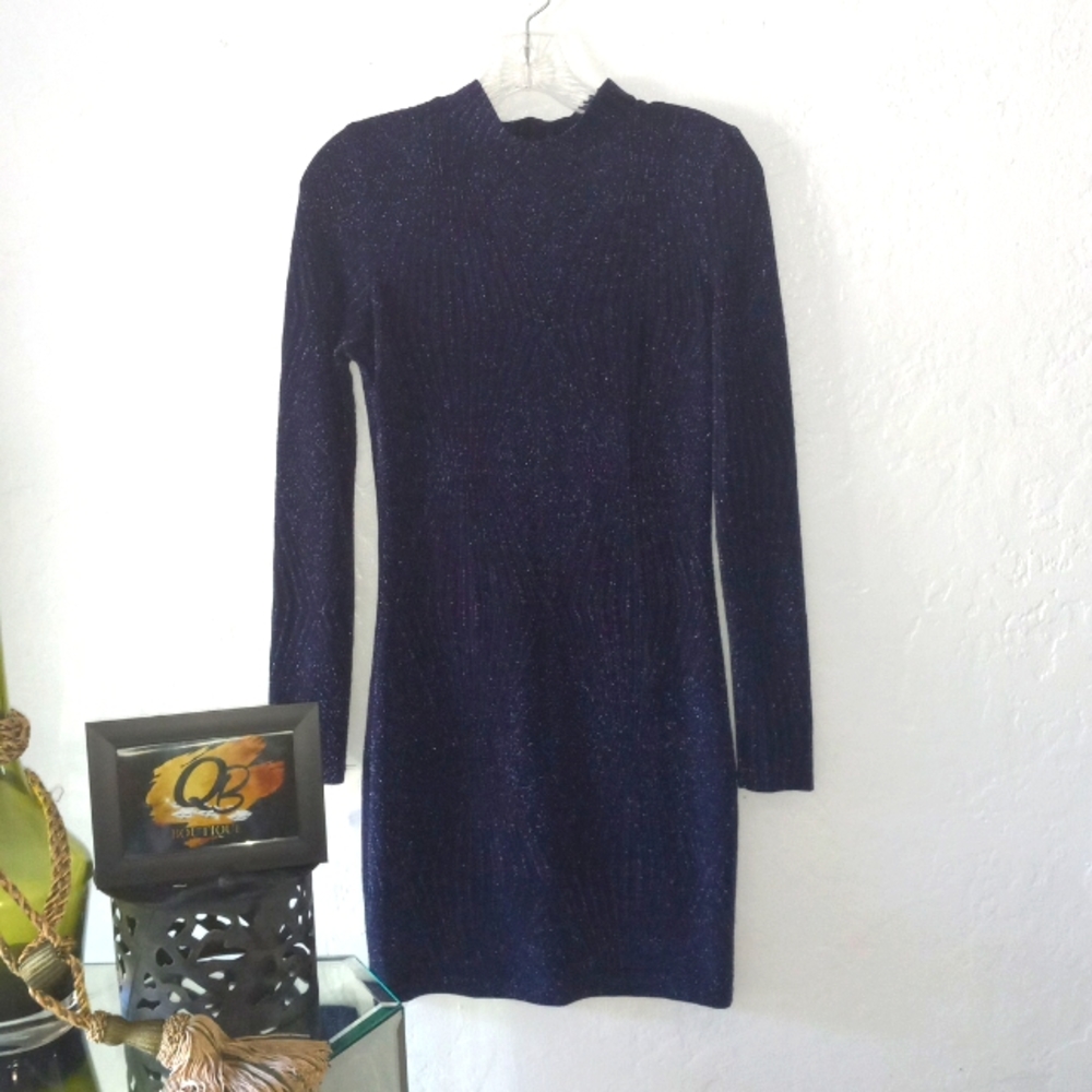 Small Windsor Navy Glitter Long Sleeves Mock  Neck Mini Dress